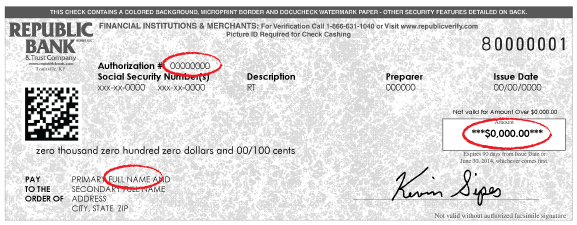 Photo - Sample Check that highlights the authorization number on the left and the check amount on the right.